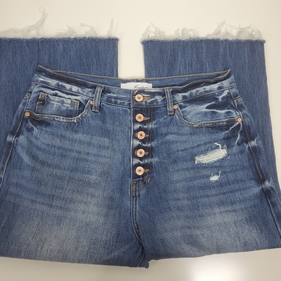 Kancan high waist button fly factory distressed raw hem cropped jeans size 11/29 - Picture 4 of 14